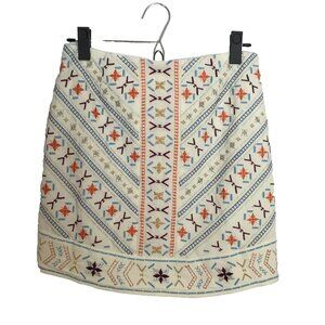 Anthro Style Boho Embroidered Mini Skirt | Cream Folk Art Skirt | Size Small